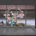 Scene Featuring Traditional Attire Figures Transparent Glass Walls Decorative Flower Garlands Small Table And Baskets