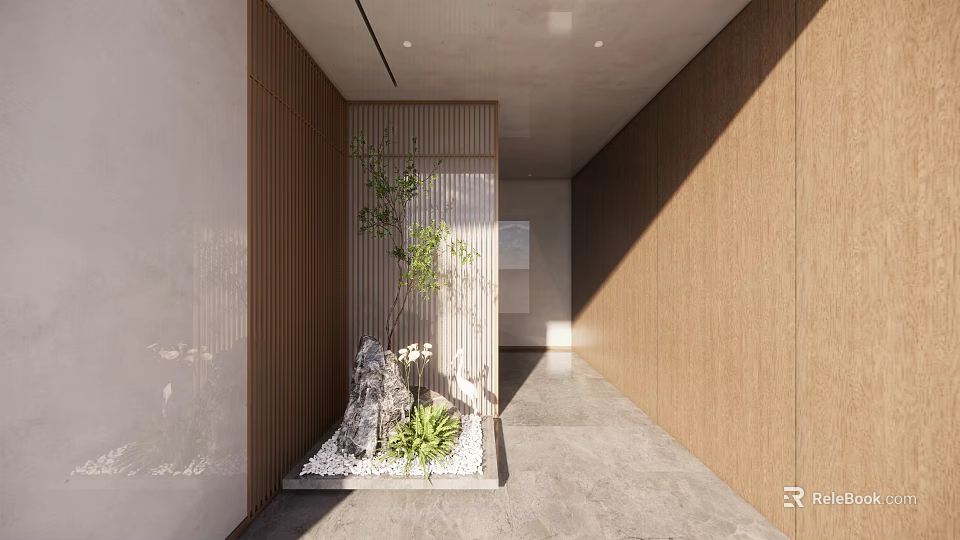 Indoor Landscape In Modern Hallway With Wooden Walls Stone Green Plants And White Pebbles 3d model 