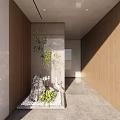 Indoor Landscape In Modern Hallway With Wooden Walls Stone Green Plants And White Pebbles