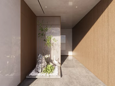 Indoor Landscape In Modern Hallway With Wooden Walls Stone Green Plants And White Pebbles 3d model