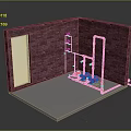Red Brick Room Interior With Red Installation White Door And Floor Structure