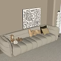 Beige Multi Seater Sofa With Decorative Cushions Stuffed Toy Abstract Painting Floor Lamp And Window