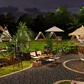 Garden Landscape With Thatched Umbrellas Outdoor Dining Tables Chairs Green Lawn And Wooden Decorations