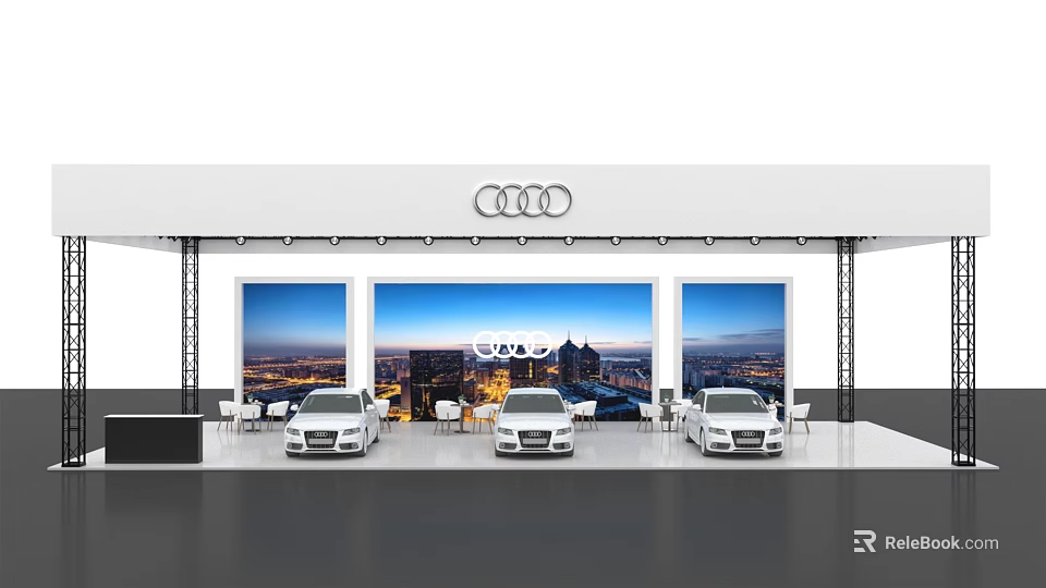 Audi Exhibition Booth Display With White Cars And City Night View Backdrop 3d model 