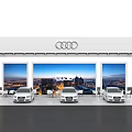 Audi Exhibition Booth Display With White Cars And City Night View Backdrop