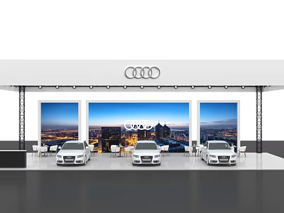 Audi Exhibition Booth Display With White Cars And City Night View Backdrop 3d model