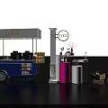 Exhibition Setup With Blue Cart LOGO Sign COCO Pillar Pink White Display Stands Wooden Crates