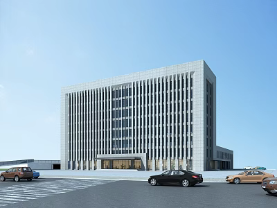 Modern Office Building With White Exterior Vertical Windows And Cars Parked In Front 3d model