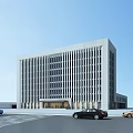 Modern Office Building With White Exterior Vertical Windows And Cars Parked In Front