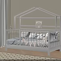 White House Shaped Crib in Modern Nursery Room with Checkered Rug Decorative Blankets and Pillows