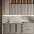Modern Kitchen Interior With Light Gray Cabinets Marble Countertop Built in Oven And Wine Rack
