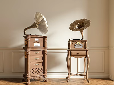Vintage Phonograph Audio Systems Large Brown With Drawers And Small Gold With Decorative Details In Light Walls Wooden Floors Room 3d model