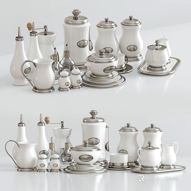 Modern White Ceramic Tableware Set With Jars Pots Cruet And Metallic Trays 3d model 