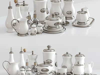 Modern White Ceramic Tableware Set With Jars Pots Cruet And Metallic Trays 3d model