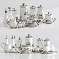Modern White Ceramic Tableware Set With Jars Pots Cruet And Metallic Trays 3d model
