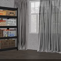 Black Metal Storage Shelf with Cardboard Boxes Bottles And Containers Near Window With Light Curtains