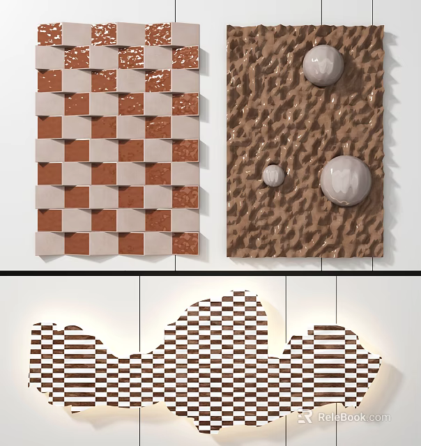 Checkerboard Red White Brown Textured Wall Decor With Spherical Elements Black White Stripes Irregular Shapes 3d model