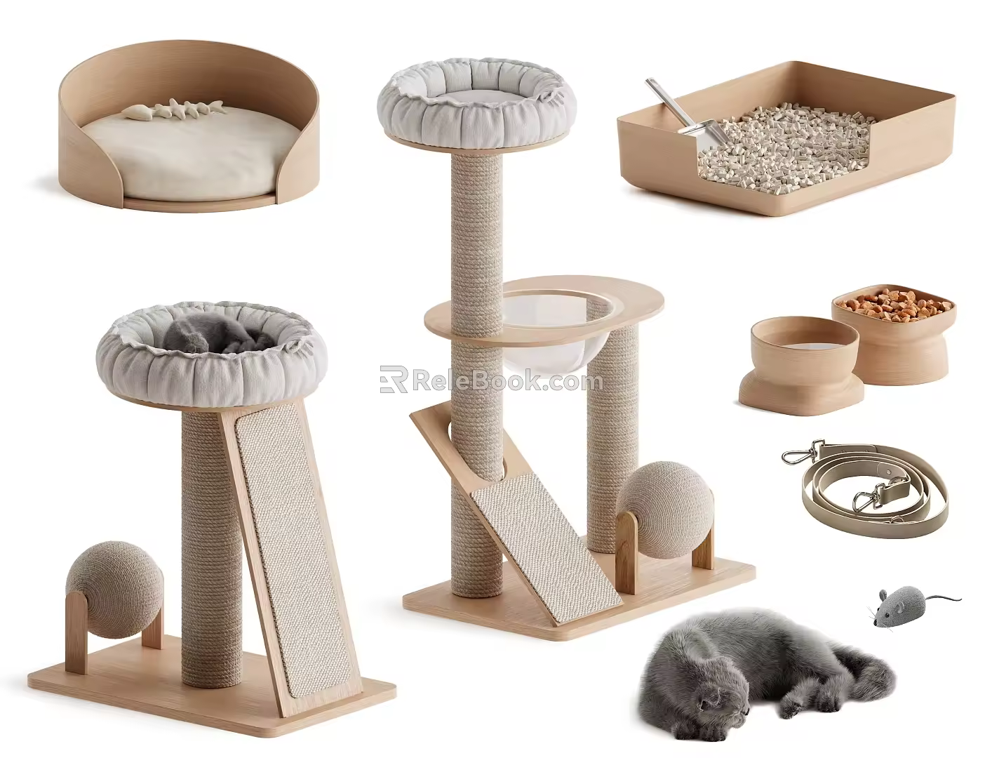 Solid Wood Cat Climbing Rack Cat Nest Vertical Cat Scratch Board Dog Bowl Cat Bowl Dog Basin Cat Basin Cat Litter Basin Cat Toy Cat Tree Integrated Cat Scratch Column 3d model