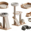 Solid Wood Cat Climbing Rack Cat Nest Vertical Cat Scratch Board Dog Bowl Cat Bowl Dog Basin Cat Basin Cat Litter Basin Cat Toy Cat Tree Integrated Cat Scratch Column 3d model
