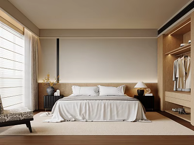 Modern Bedroom Interior With King Size Bed Bedside Lamp Window Blinds And Wooden Wardrobe 3d model