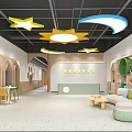 Bright Kindergarten Interior With Yellow Star Lights Blue Moon Decor Wooden Archways And Green Sofas