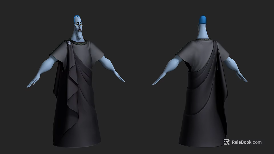 Game Movie Character Design With Blue Head Hands Dark Robe Front Back Views 3d model 