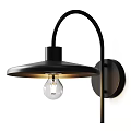 Modern Black Wall Lamp With Curved Arm Round Shade And Transparent Bulb Emitting Warm Light
