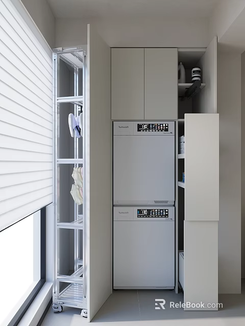 Home Balcony Featuring White Roller Blinds Metal Rack Hanging Clothes Stacked Washer Dryer White Cabinets 3d model 
