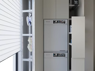 Home Balcony Featuring White Roller Blinds Metal Rack Hanging Clothes Stacked Washer Dryer White Cabinets 3d model