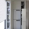 Home Balcony Featuring White Roller Blinds Metal Rack Hanging Clothes Stacked Washer Dryer White Cabinets