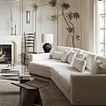 Elegant Modern Living Room With White Sofa Armchairs Fireplace Coffee Tables Plants And Large Windows