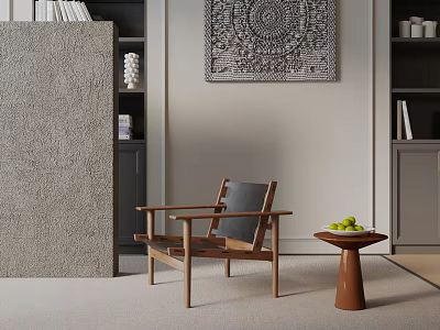Modern Minimalist Leisure Chair With Wooden Frame Gray Cushion And Side Table With Green Fruits 3d model