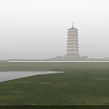 Traditional Ancient Chinese Architecture With Illuminated Pagoda Courtyard And Water Reflection