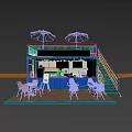Blue Container Building For Food Stall With Red Umbrellas Staircase Outdoor Tables And Chairs