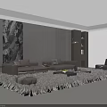 Modern Living Room Interior With Brown Sofa Ottoman Coffee Table And Abstract Art