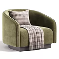 Light Grey Modern Upholstered Lounge Chair With Plaid Decorative Pillow And Soft Tassel Throw Blanket