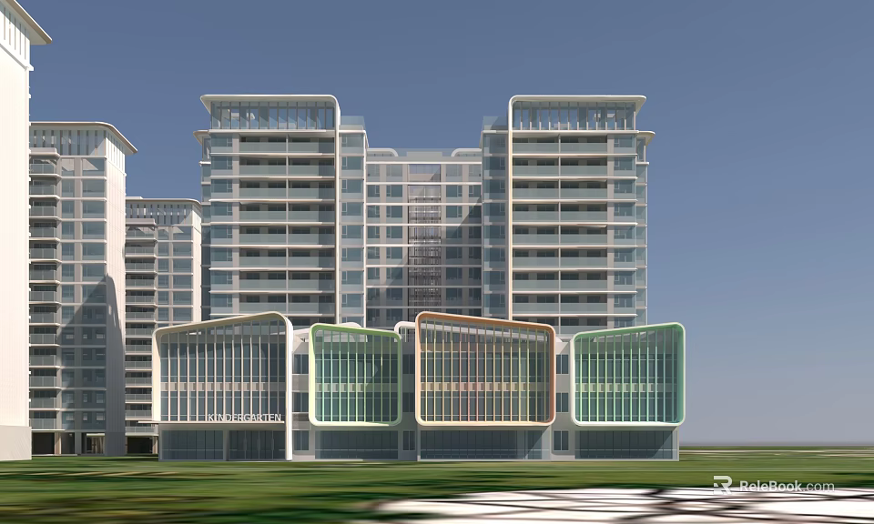 Modern Multi story Residential Building with Glass Curtain Walls and Colorful Front Structures 3d model 