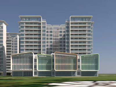 Modern Multi story Residential Building with Glass Curtain Walls and Colorful Front Structures 3d model