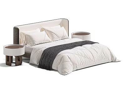 Modern Double Bed with Upholstered Headboard White Quilt Pillows and Dark Blanket and Round Nightstands 3d model