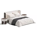 Modern Double Bed with Upholstered Headboard White Quilt Pillows and Dark Blanket and Round Nightstands