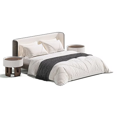 Modern Double Bed with Upholstered Headboard White Quilt Pillows and Dark Blanket and Round Nightstands 3d model