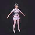 Woman Nurse In Uniform With Cap Bag Stockings And High Heels From Different Angles