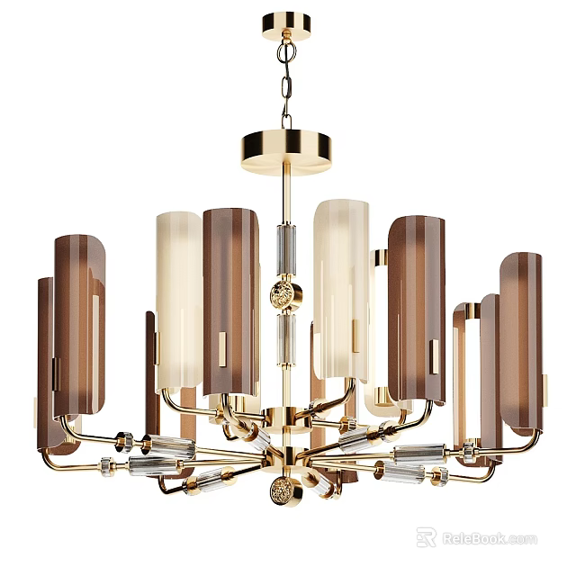 Modern Chandelier with Brown and White Cylindrical Shades and Gold Metal Frame for Contemporary Interior 3d model 