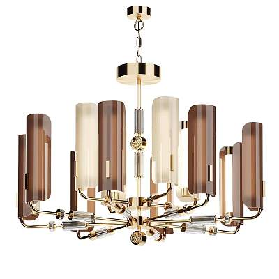 Modern Chandelier with Brown and White Cylindrical Shades and Gold Metal Frame for Contemporary Interior 3d model