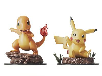 Charmander and Pikachu Action Figures with Flame Tail Waving Pose on Base Stand with Plants 3d model