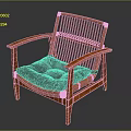 Wooden Leisure Chair with Vertical Slat Backrest Curved Armrests and Blue Cushioned Seat