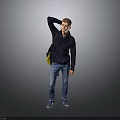 Man In Dark Blue Sweater Jeans With Yellow Backpack Touching Head Against Gray Background