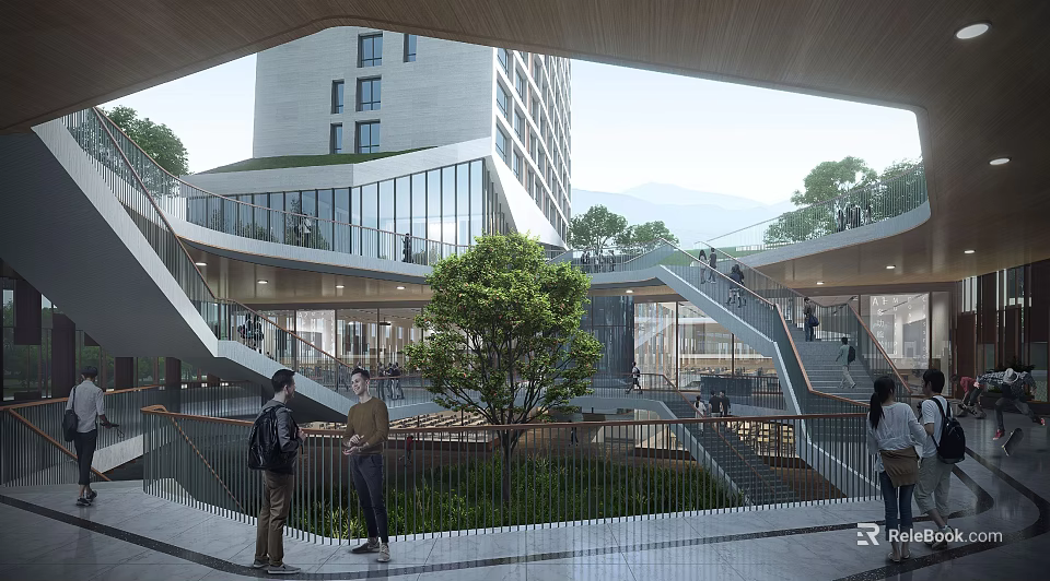 Modern Urban Architectural Space With Open Stairs Greenery And People Interacting 3d model 