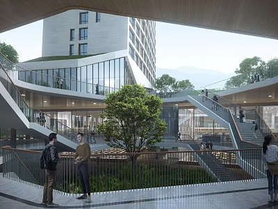 Modern Urban Architectural Space With Open Stairs Greenery And People Interacting 3d model