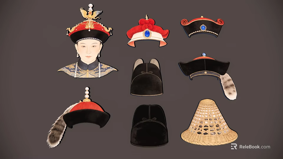 Traditional Chinese Hat Hanging Ornaments Featuring Red Black Straw And Feather Designs 3d model 